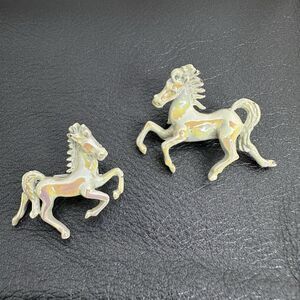 2 Vintage Horse Pins Brooches White Iridescent Enamel Galloping Equestrian Pony